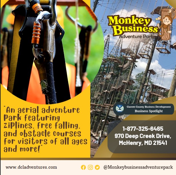 Todays Business Spotlight 🙉 is on Monkey Business Adventure Park! 
Visit them www.dcladventures.com or Monkey Business Adventure Park
Follow us to see more daily Garrett County Business Spotlights!
If you are interested in having your business featured contact Connor Norman at cnorman@garrettcountymd.gov. #garrettcountymd #businessdevelopment